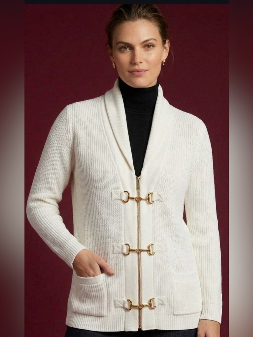 Soft Surroundings White Ribbed Cotton Horsebit Toggle Cardigan Sweater XL
